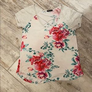 Pink clover Floral Blouse w/ Criss Cross Neckline